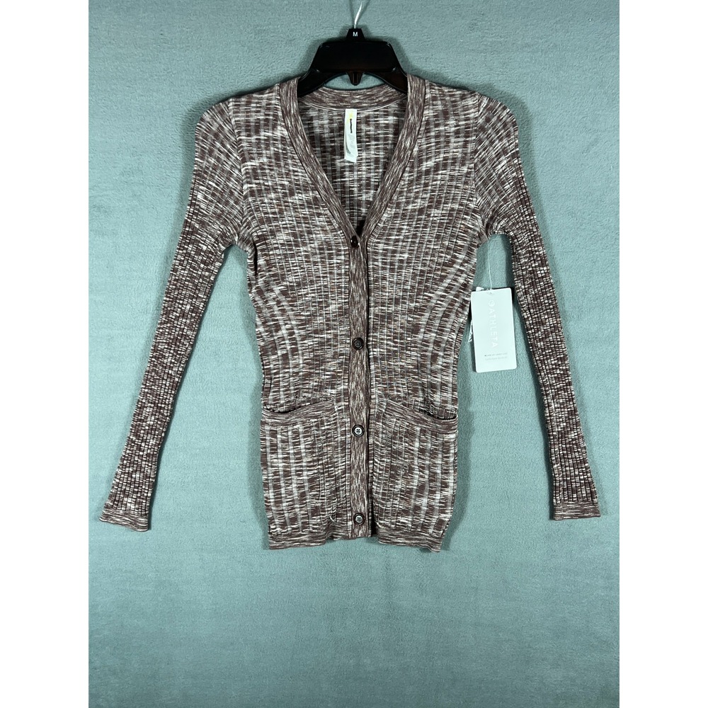 Athleta Womens Revolve Cardigan XXS Brown White Space Dye Ribbed Long Sleeve NWT